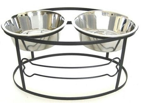 Bone Raised Double Dog Bowl - Medium/Black PetsStop