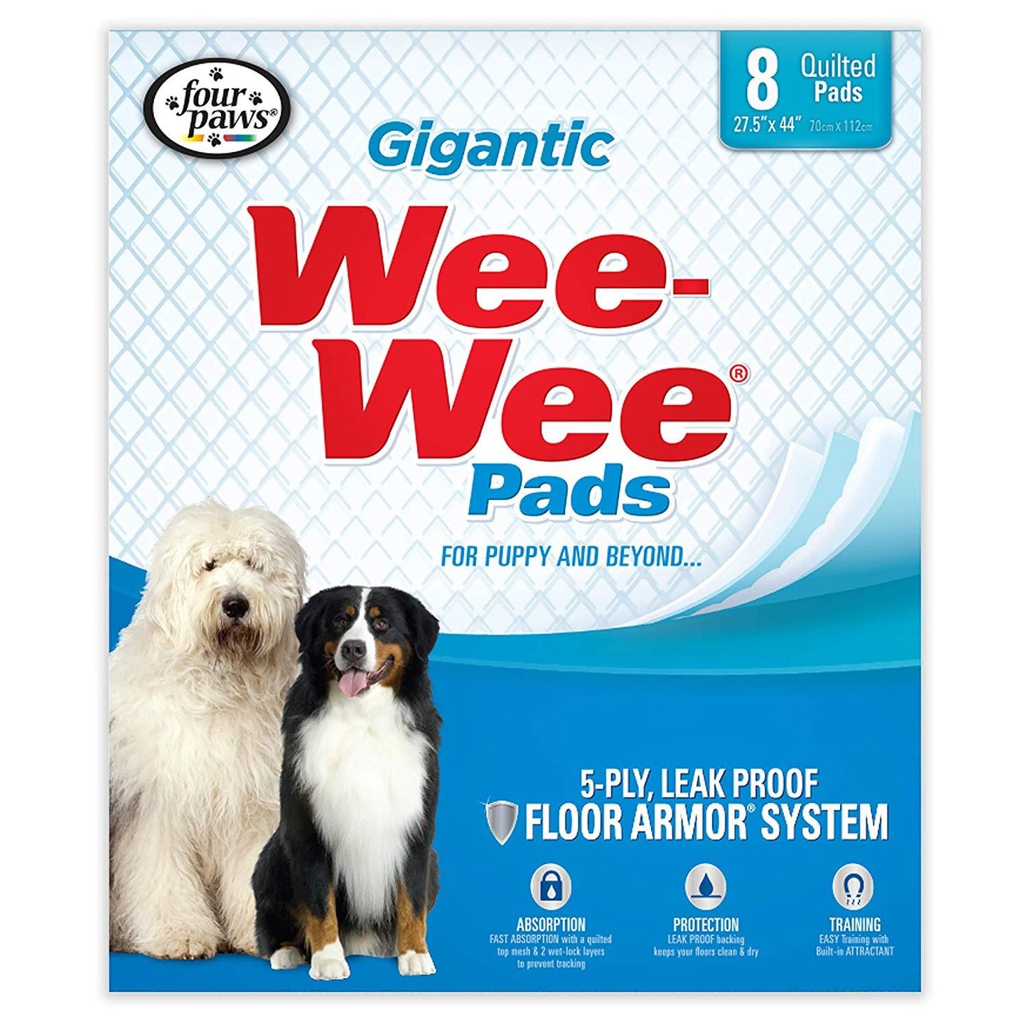 XXL Pet Dog and Puppy Training Pads - Gigantic Wee-Wee Pads - 27.5" x 44" Four Paws 8 Pack