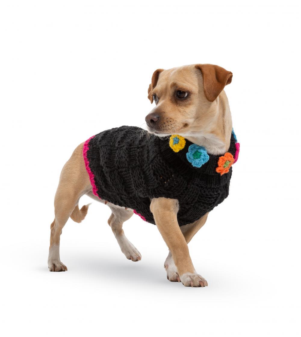 Black Floral Dog Sweater - UpCountry Black Floral Basketweave Hand Knit Sweaters Dog Jackets UpCountryInc