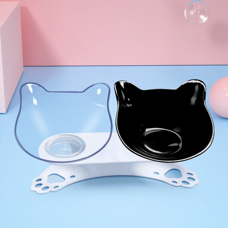 Elevated Cat Food and Water Bowls InfiniteWags 1 Clear 1 Black Bowl - White Stand