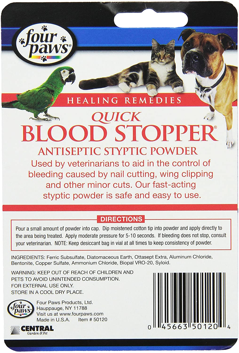 Pet Blood Stopper Powder for use on dogs, cats, and birds - 0.5 ounces - Four Paws Four Paws