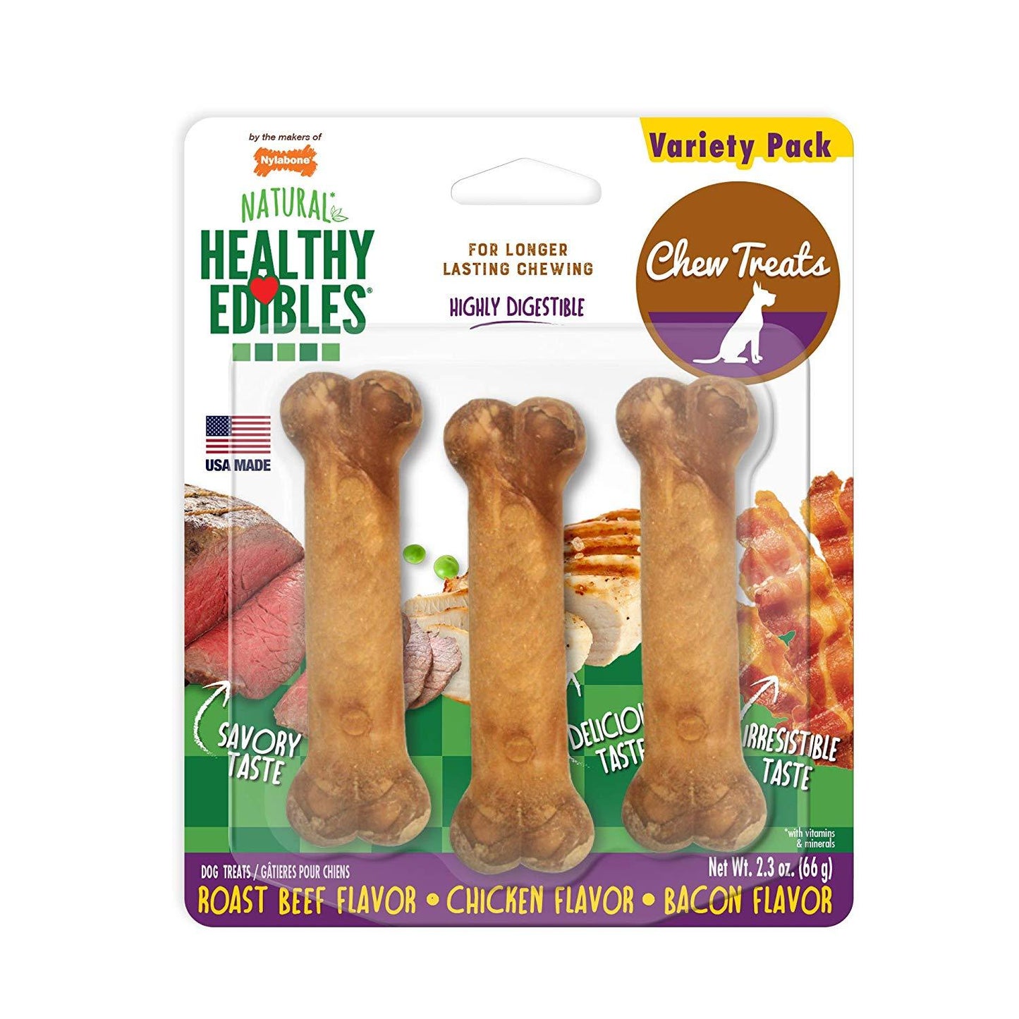 Healthy Edibles Longer Lasting Roast Beef, Chicken and Bacon Treats Petite 3 count Nylabone