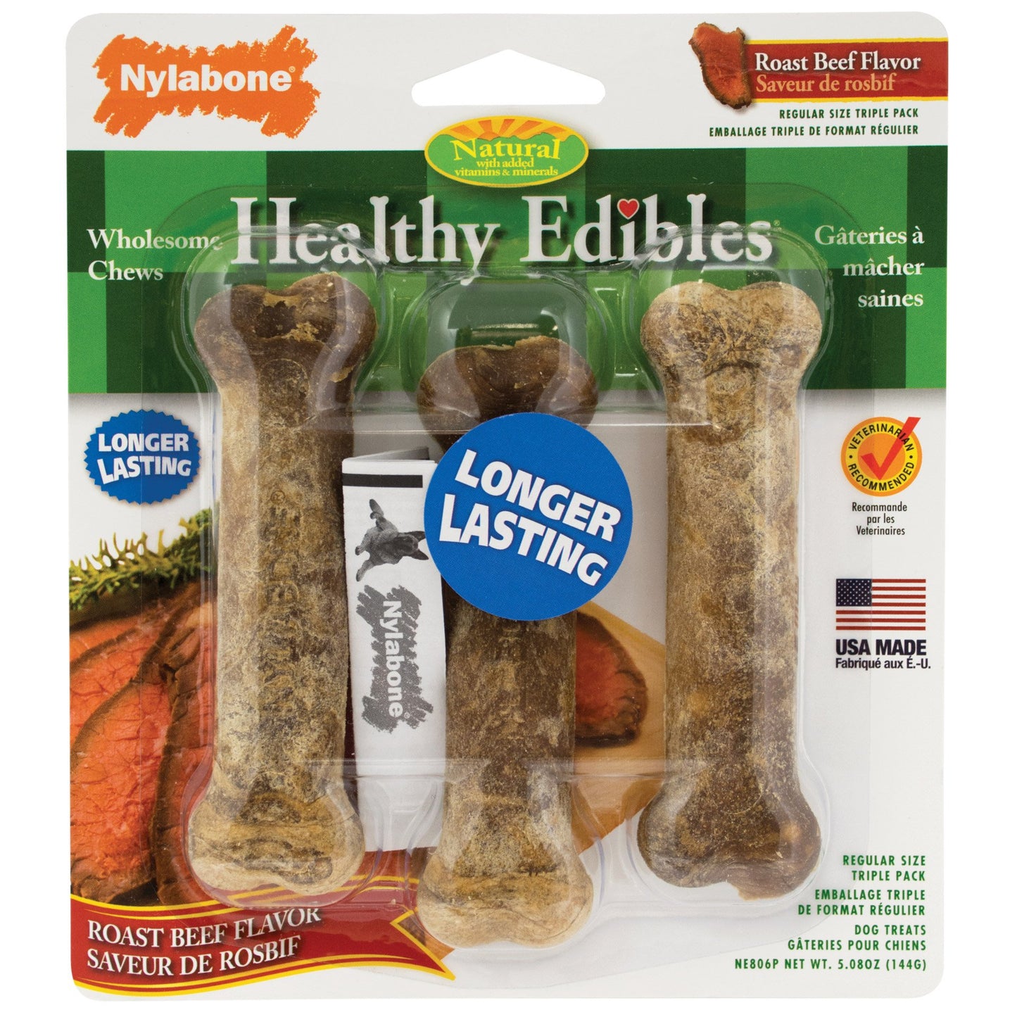 Healthy Edibles Longer Lasting Beef Treats Regular 3 count Nylabone