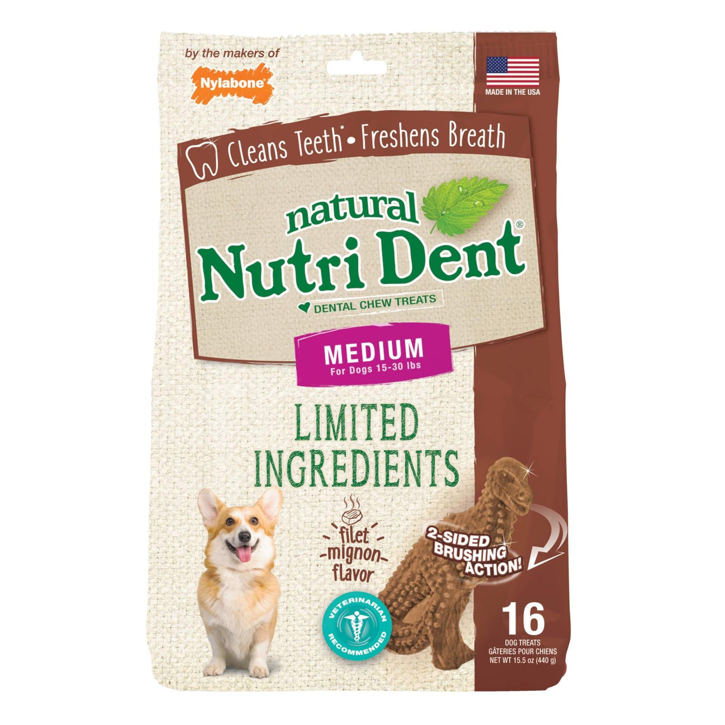 Nutri Dent Limited Ingredient Dental Chews Filet Mignon T-Rex Medium 16 count Nylabone