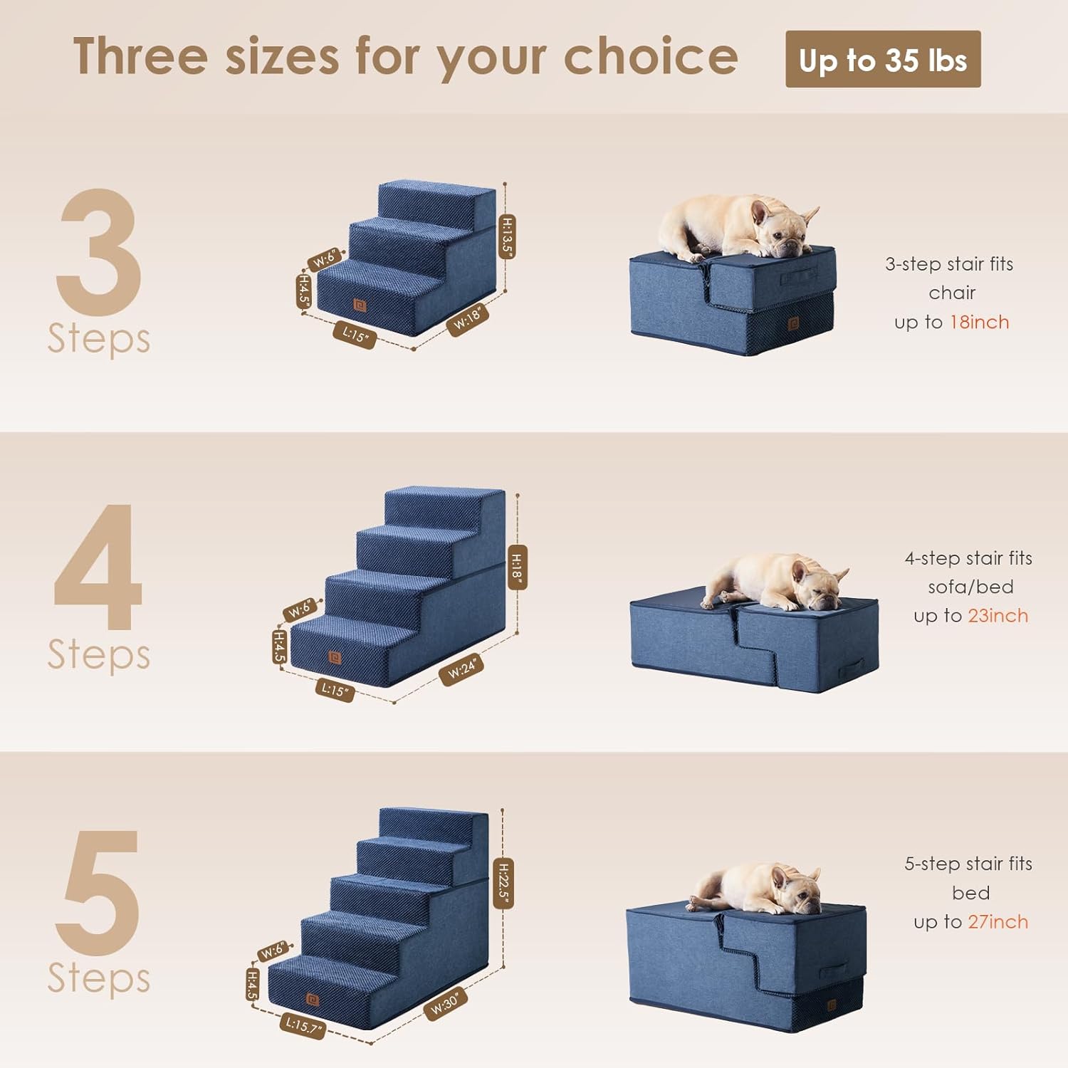 Dog Stairs for Small Dogs - 13.5" H 3-Step Pet Stairs InfiniteWags 