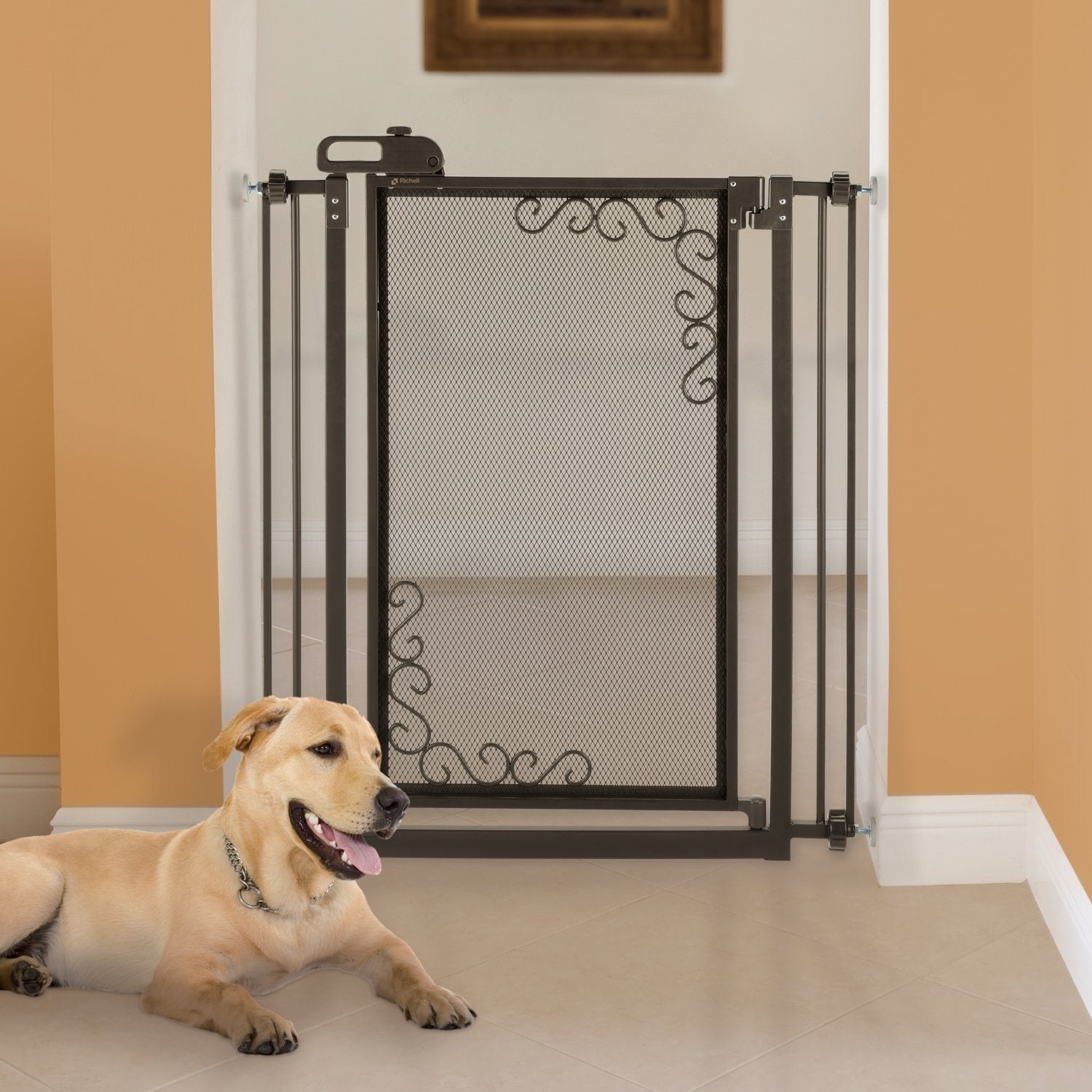 Tall One-Touch Metal Mesh Pet Gate in Black Richell 