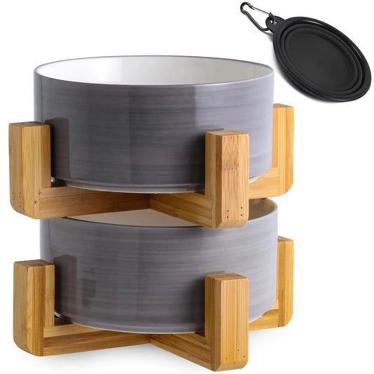 Ceramic Dog Bowl Set with Stand (28 OZ /3.6 Cups) InfiniteWags Grey White Medium Size Dog Bowls 850ML*2 