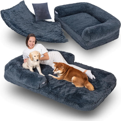 Foldable Human Dog Bed for Adults - Giant Dog Couch Bed with Orthopedic Memory Foam Extra Large Dog Bed Waterproof & Washable Dog Bed - Human Sized Dog Bed - Faux Fur Calming Dog Sofa - Dark Grey InfiniteWags n/a 