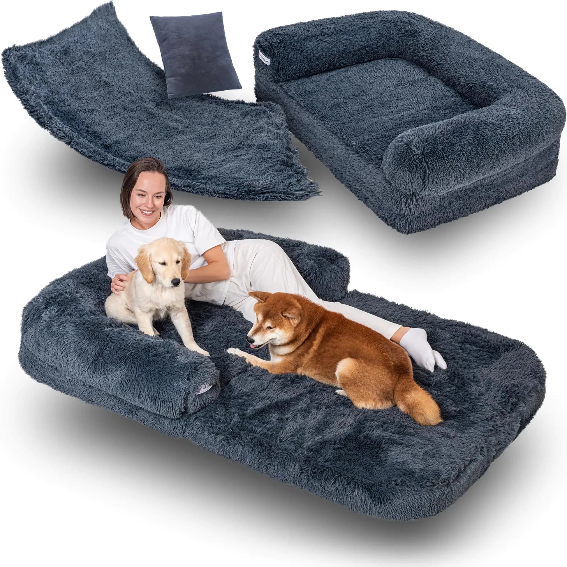 Foldable Human Dog Bed for Adults - Giant Dog Couch Bed with Orthopedic Memory Foam Extra Large Dog Bed Waterproof & Washable Dog Bed - Human Sized Dog Bed - Faux Fur Calming Dog Sofa - Dark Grey InfiniteWags 