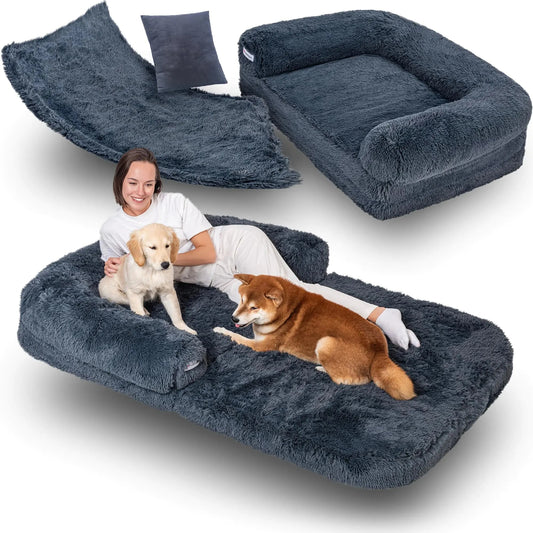 Foldable Human Dog Bed for Adults - Giant Dog Couch Bed with Orthopedic Memory Foam Extra Large Dog Bed Waterproof & Washable Dog Bed - Human Sized Dog Bed - Faux Fur Calming Dog Sofa - Dark Grey InfiniteWags 
