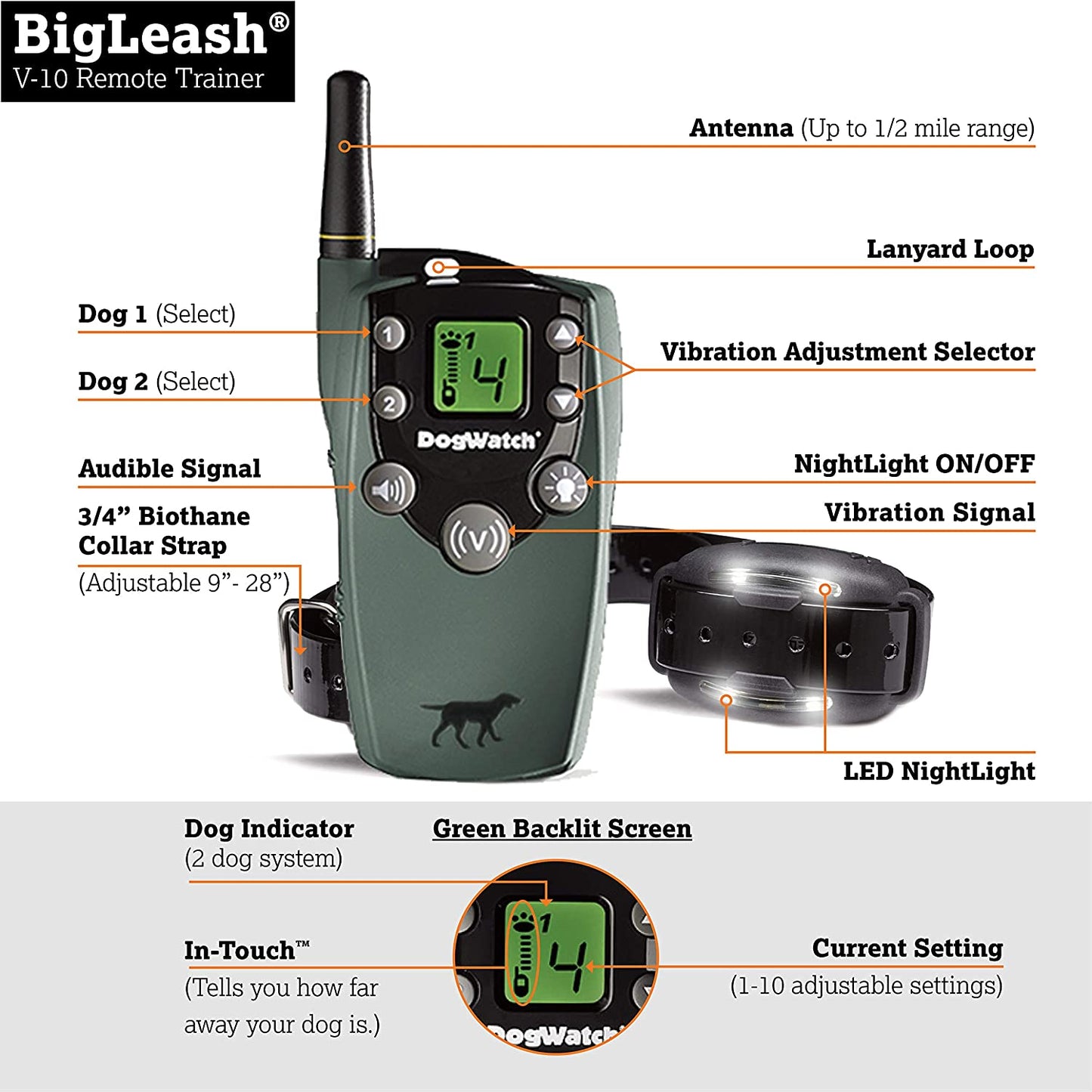 Dog Vibration Collar Remote Trainer - BigLeash V-10 Vibration Remote Trainer Dog Training Collars DogWatch 