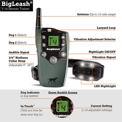 Dog Vibration Collar Remote Trainer - BigLeash V-10 Vibration Remote Trainer Dog Training Collars DogWatch 
