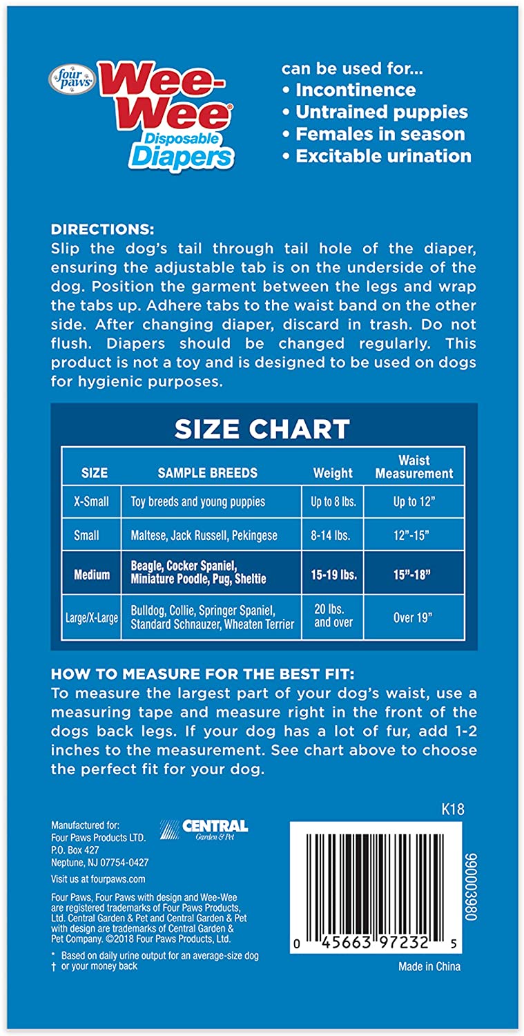 Disposable Dog Diapers - Wee-Wee Disposable Diapers - 12 pack Four Paws 
