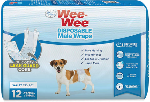 Disposable Dog Wraps - Wee-Wee Disposable Male Dog Wraps 12 pack Four Paws Extra Small / Small - 13" - 20" Waist 