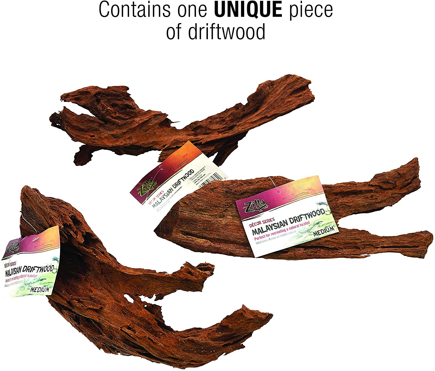 Wood Aquarium Terrarium Décor - Malaysian Driftwood - Zilla - 14″ x 5″ x 4.875″ Zilla 