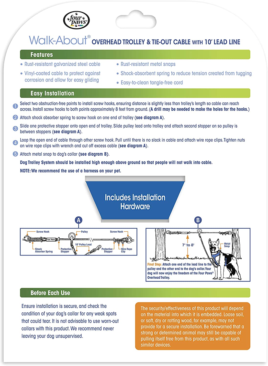 Overhead Dog Trolley - Heavy Weight - 100 feet - Four Paws Four Paws 