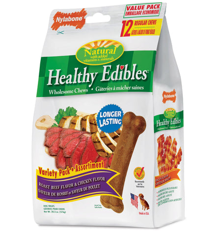 Healthy Edibles Longer Lasting Roast Beef and Chicken Treats Regular 12 count Nylabone 