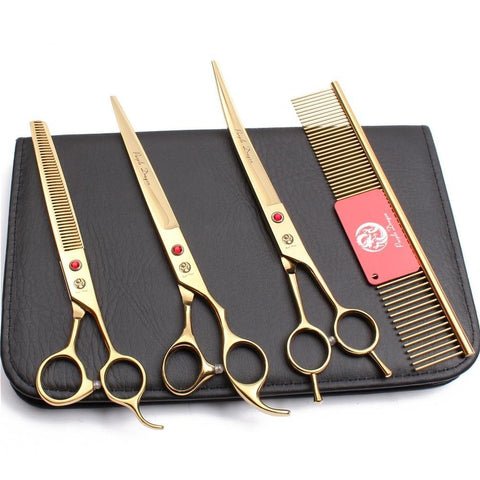 Gold Dog Grooming Scissors - 8" Stainless Seel Shears, Thinning Shears, Curved Shears, Comb InfiniteWags Kit 
