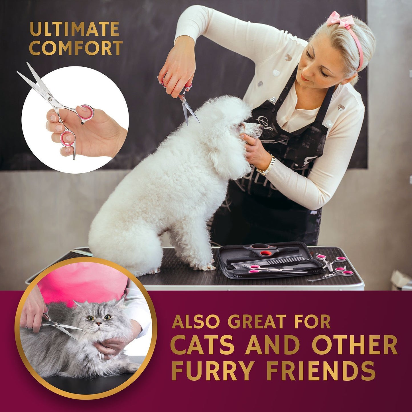 Pet Grooming Scissor Set - Stainless Steel Thinning Shears, Curved Scissors, Comb InfiniteWags 