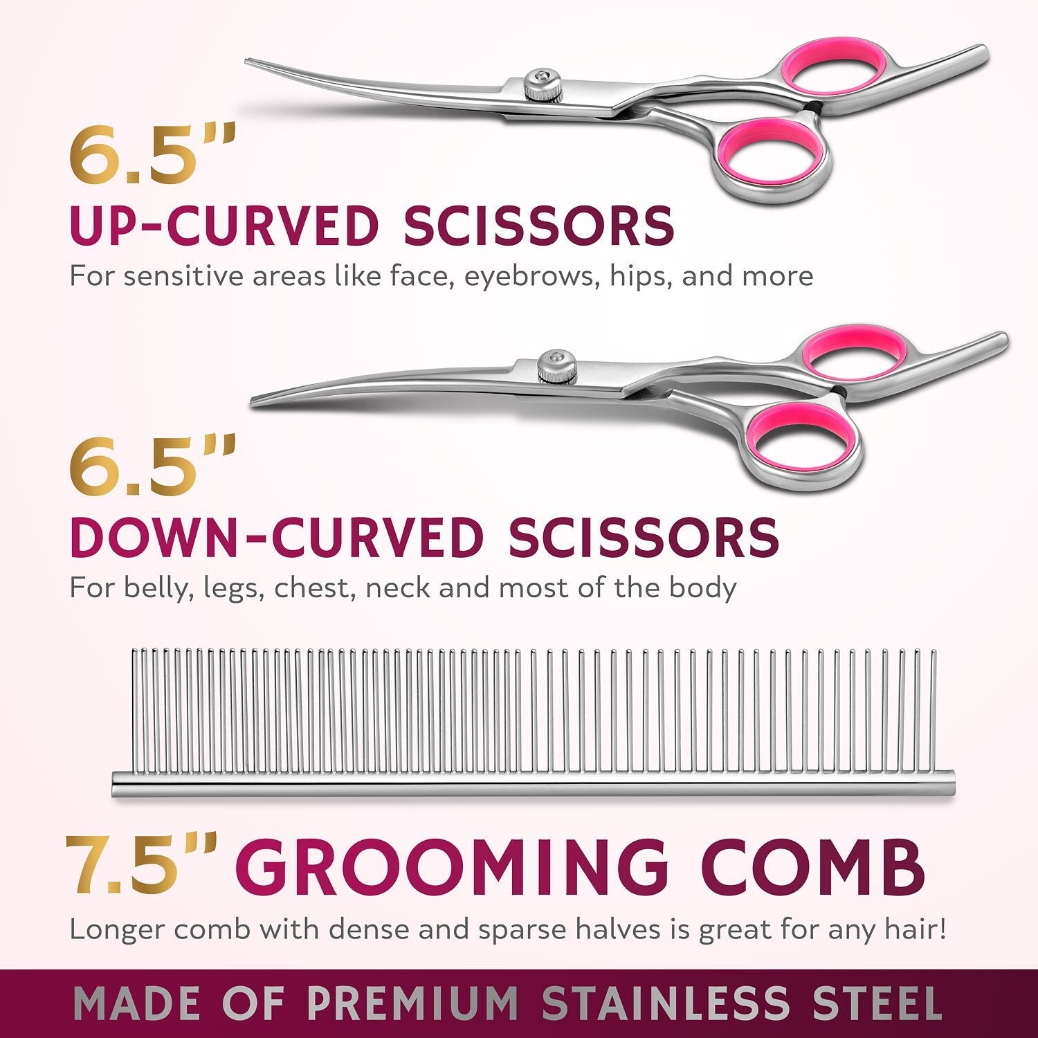 Pet Grooming Scissor Set - Stainless Steel Thinning Shears, Curved Scissors, Comb InfiniteWags 