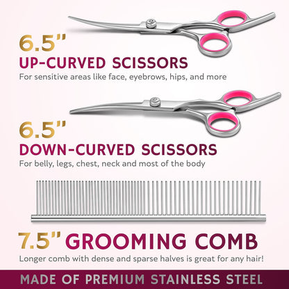 Pet Grooming Scissor Set - Stainless Steel Thinning Shears, Curved Scissors, Comb InfiniteWags 